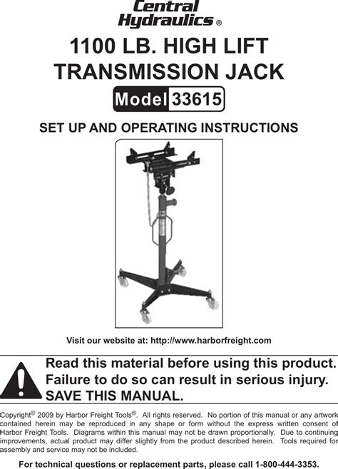 Harbor Freight 1100 Lb High Lift Transmission Jack Product Manual