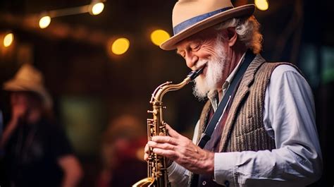 Premium AI Image | Old man playing a saxophone in a jazz band at a local event