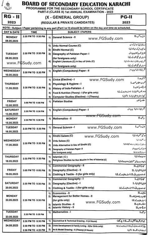 10th Class Date Sheet 2023 BseK Karachi Board - FG STUDY