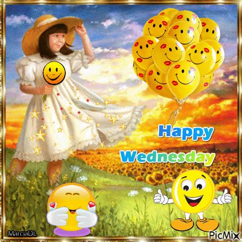 a woman in a white dress and straw hat holding balloons with smiley faces on them