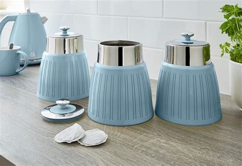 SWAN Retro Blue Jug Kettle 4 Slice Toaster & 3 Canisters Matching Set