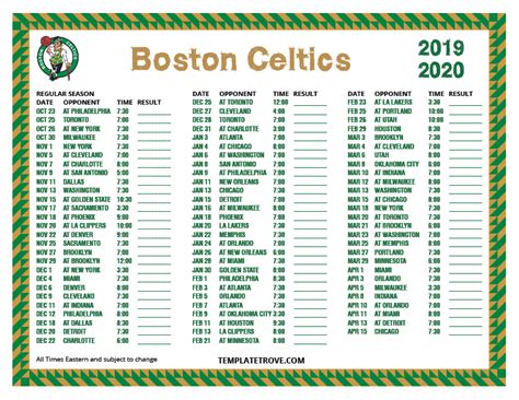 Printable 2019-2020 Boston Celtics Schedule