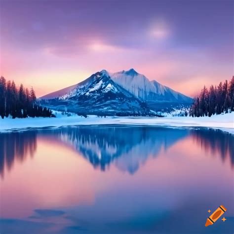 A serene winter scene with snowy mountains and icy lake on Craiyon