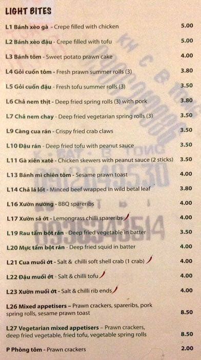 Menu at Hanoi Cafe, London