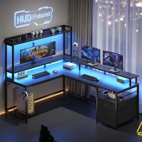 L SHAPED GAMING Desk Home Office Desk w/File Drawer LED Two Person ...