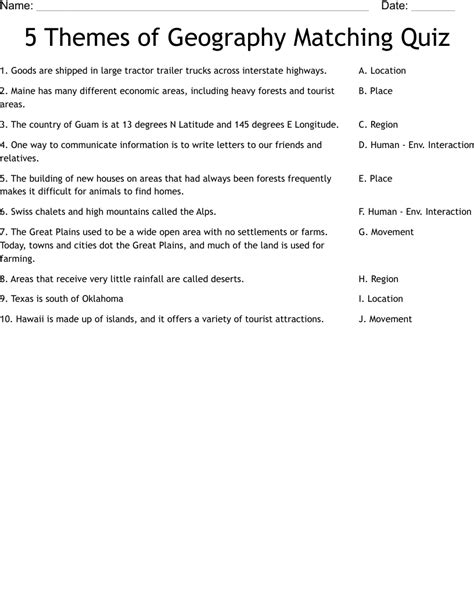 5 Themes of Geography Matching Quiz Worksheet - WordMint