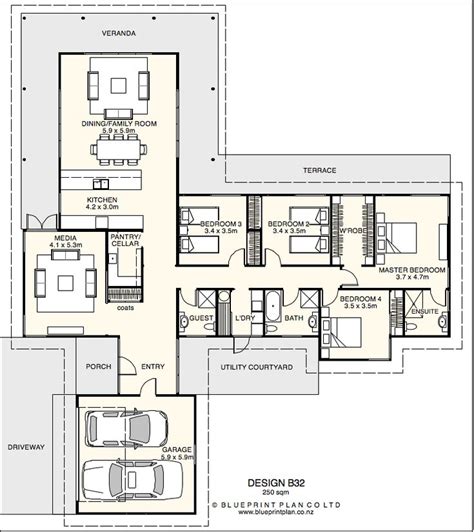 T shaped plan with four bedrooms | My future home | Pinterest | House plans, House plans design ...