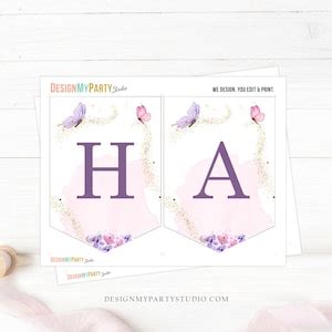 Happy Birthday Banner Butterfly Birthday Banner Floral Flowers Pink Purple Girl Birthday ...