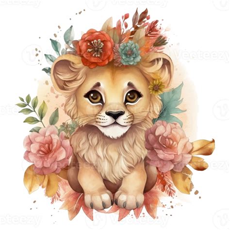Lion Cub Floral Watercolor Art, 23957741 PNG
