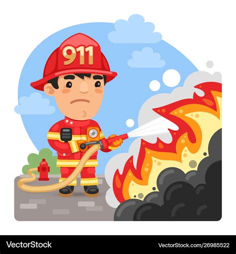 Cartoon firefighter extinguishes a fire Royalty Free Vector