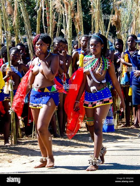 Women in traditional costumes marching at the Umhlanga aka Reed Dance ceremony - 01-09-2013 ...