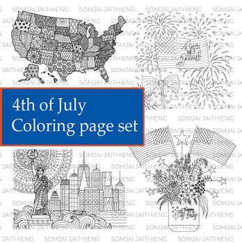 4 Pages of 4th of July set. Mindfulness coloring page. PDF file.