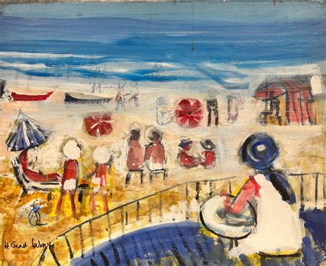 Huguette Ginet-Lasnier - Busy Beach Summer with Figures on Sand Contemporary French Modernist ...