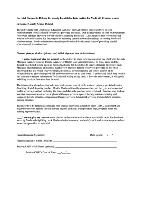 Medicaid Consent Form Suwannee County Schools printable pdf download