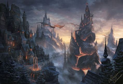 Fantasy City Dragon House Lava Mountain Building Wallpaper | Paysage ...