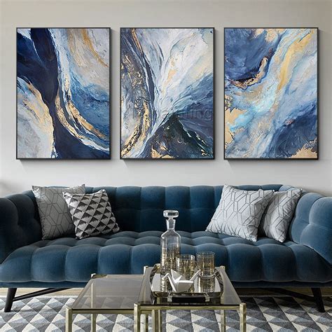 Gold art 3 pieces Wall Art Abstract acrylic paintings on canvas ocean blue painting set of 3 ...