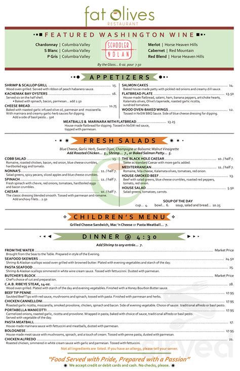 Fat Olives Restaurant menu in Homer, Alaska, USA