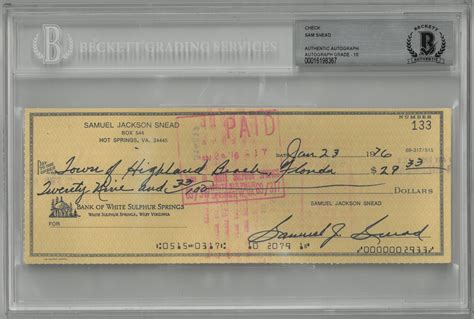 Lot Detail - Sam Snead Signed Check "10" Autograph