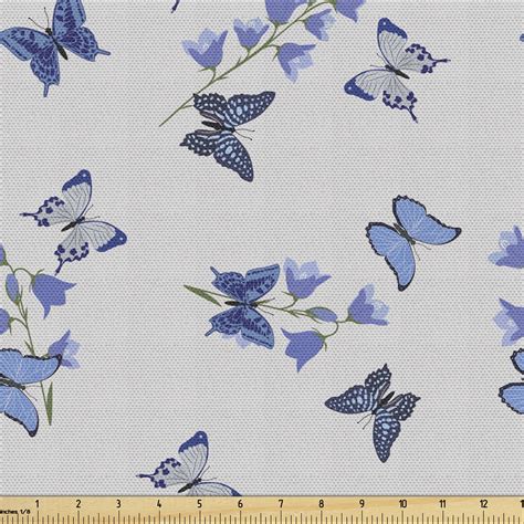 Butterfly Fabric by the Yard Upholstery, Bluebell Flowers and Flying Moth Insects on Pastel ...