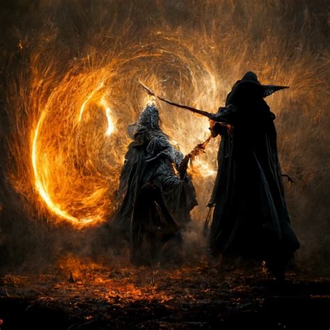 gandalf vs sauron, 8k, photorealistic, battle, fire, | Midjourney