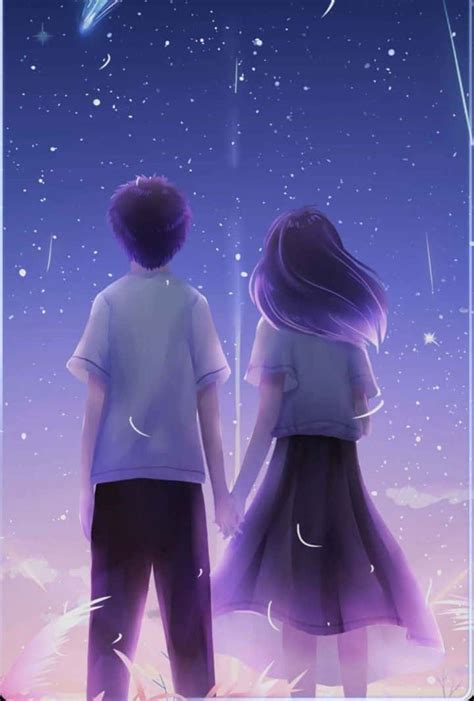 Download Purple Romance Anime Student Couple Holding Hands Wallpaper ...