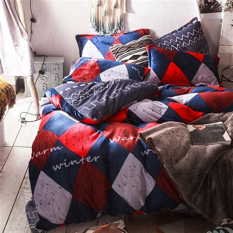 Colorful Geometry Pattern Flannel Thick Bedding Sets For Adults Queen King Size Modern Style ...