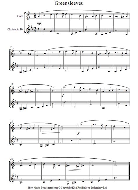 flute-clarinet duet greensleeves sheet music - 8notes.com