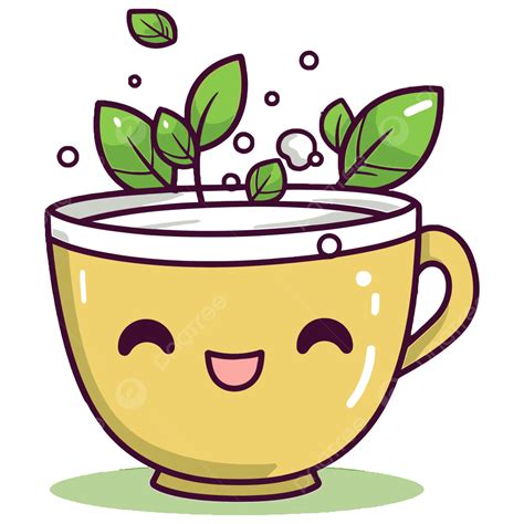 Cup Of Tea With Smiling Leaves Vector, Cup Of Tea, Greentea Cartoon, Cute Teapot PNG and Vector ...