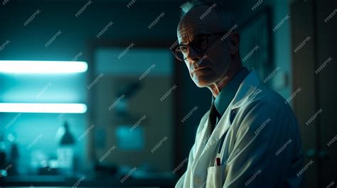 Premium AI Image | A man in a lab coat stands in a dark room with a ...