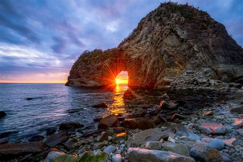 sangamon, Japan, Sea, Beach, Rock, Arches, Sun, Rays, Sunset, Sky, Nature, Landscape Wallpapers ...