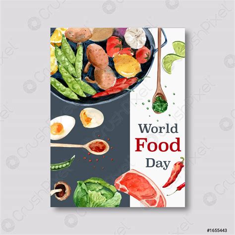 World food day Poster design with Steak, boiled egg, lime - stock ...