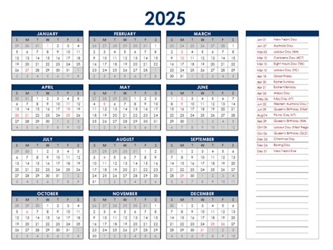 2025 Australia Annual Calendar with Holidays - Free Printable Templates