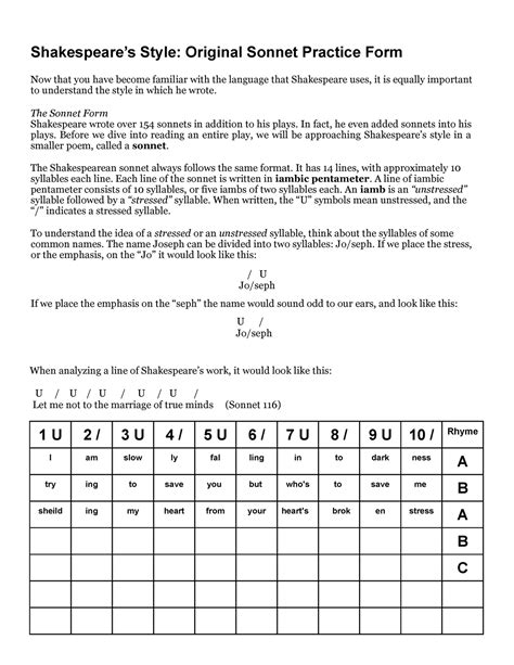 Copy of Shakespeare’s Style Practice Sonnet 14 Lines Iambic Pentameter - Shakespeare’s Style ...