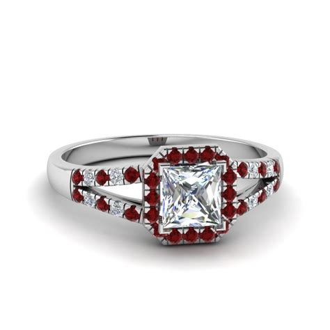 Halo Princess Cut Diamond Split Shank Engagement Ring With Ruby In 14K White Gold | Fascinating ...