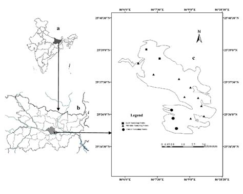 (a) Map of India, (b) Map of Bihar and (c) Study site with sampling... | Download Scientific Diagram