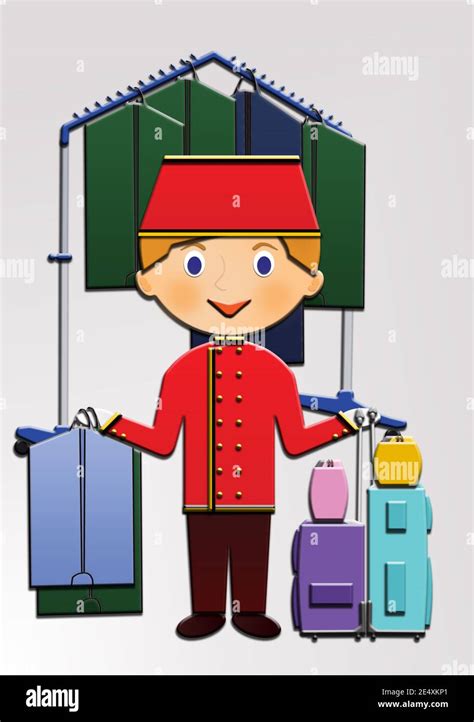 Cartoon of a cute Happy Bellboy / Porter, wearing a uniform, with some luggage. This ...