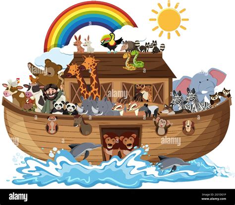 Noah's Ark with Animals on water wave isolated on white background ...