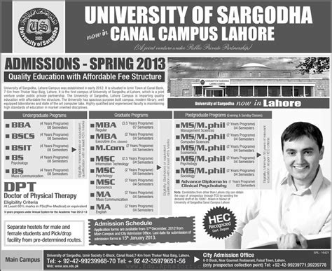 University of Sargodha Lahore Campus Spring Admissions 2013