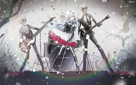 Anime rock band, skeleton members, girl, lolita, gothic, drums, guitar ...