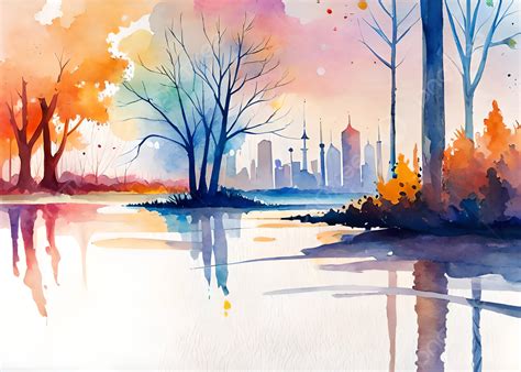 Watercolor Nature River Trees Reflection Painting Background, Watercolor, River, Trees ...