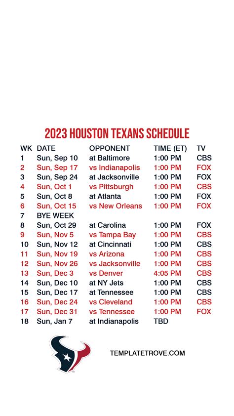 Houston Texans Printable Schedule 2024 - Vally Isahella