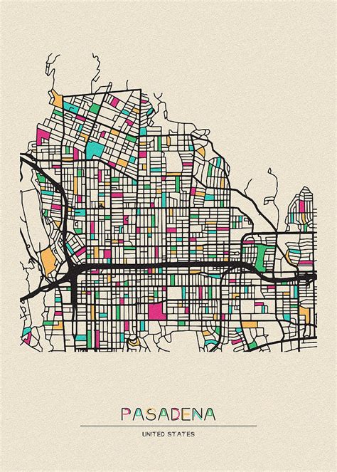 Pasadena, California City Map Drawing by Inspirowl Design - Fine Art ...