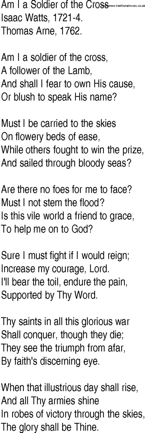 Hymn and Gospel Song Lyrics for Am I a Soldier of the Cross by Isaac Watts