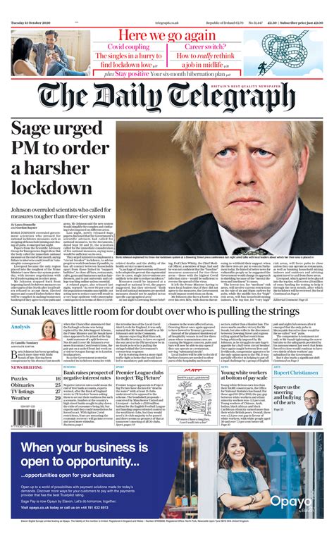 Daily Telegraph Front Page 13th of October 2020 - Tomorrow's Papers Today!