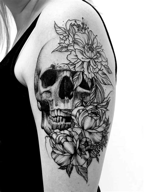 Realistic blackwork skull and flower tattoo by Adam. Limited availability at Salvation Tattoo ...