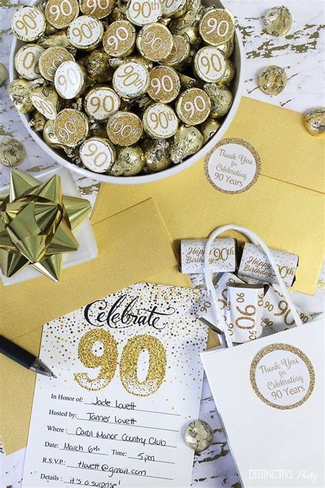 White and Gold Happy 90th Birthday Party Ideas - Invitations, Stickers ...