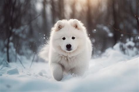 Premium AI Image | Samoyed dog running in the snow