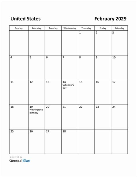 Free Printable February 2029 Calendar for United States