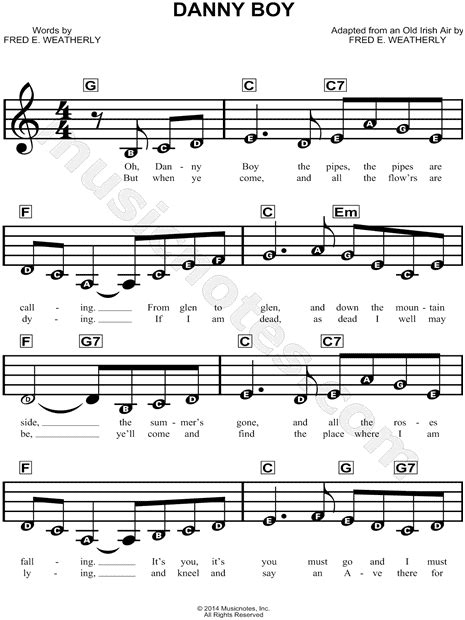 Traditional Irish Air "Danny Boy" Sheet Music for Beginners in C Major - Download & Print - SKU ...