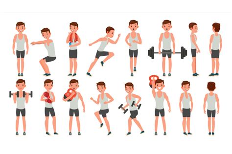 Fitness Man Vector. Different Poses. Weight Training. Exercising Male ...